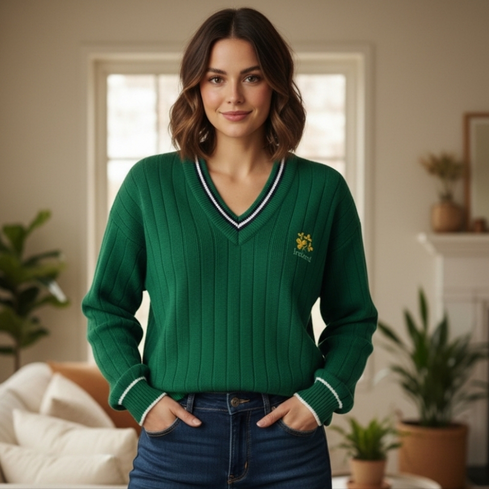 Swallow Vintage Knit Acrylic Green Shamrock Ireland Vneck St Patrick's S…
